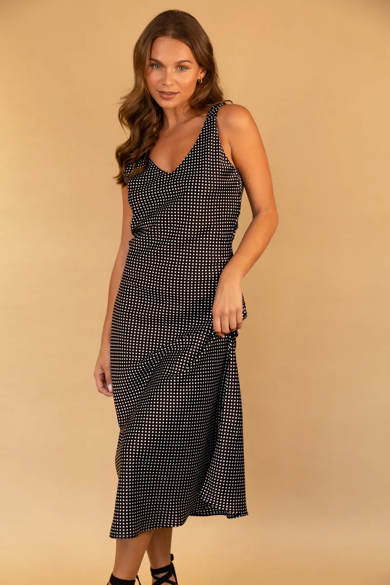Rochelle Black & White Polka Dot Midi Dress Chic Comfort Event Perfect