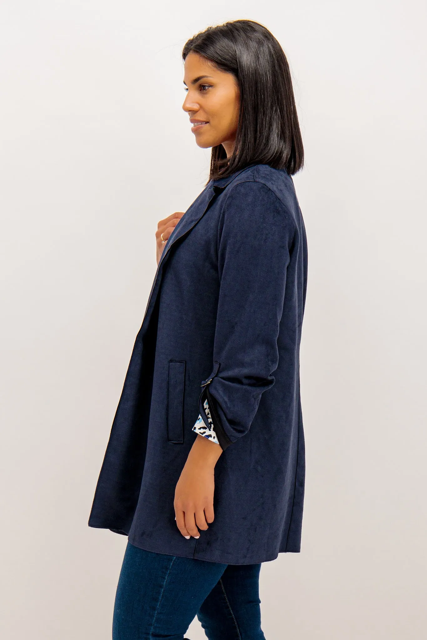 Rosalie Navy Faux Suede Coat Odor Resistant Lining