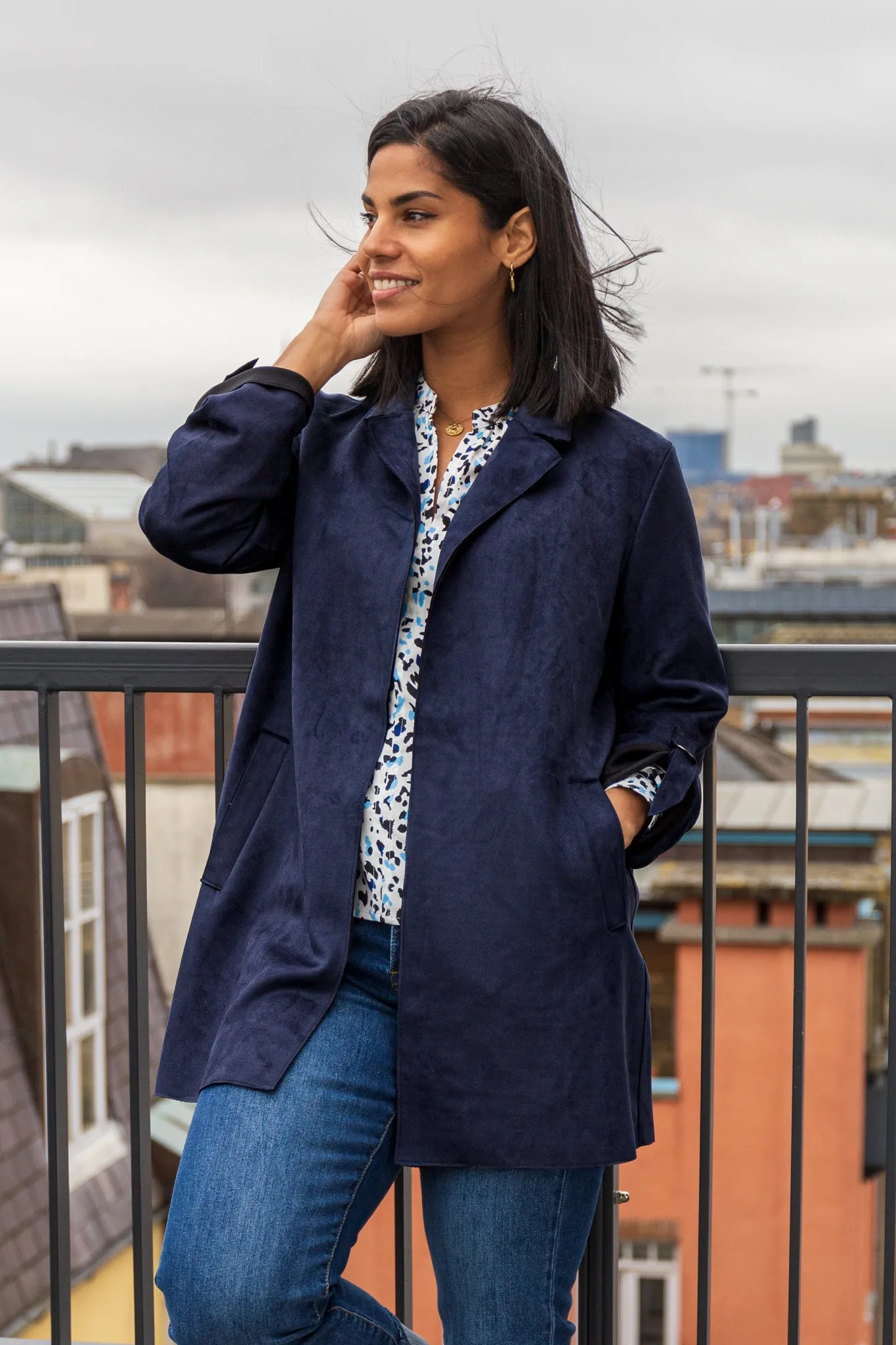 Rosalie Navy Faux Suede Coat ErgonomicSleeveCut