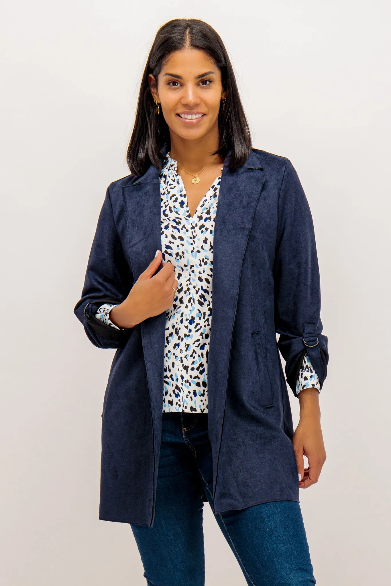 Anti Slip Cuffs Basic Travel Fit Rosalie Navy Faux Suede Coat