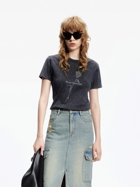 Rose Pattern Cotton T-shirt Flexible Knit