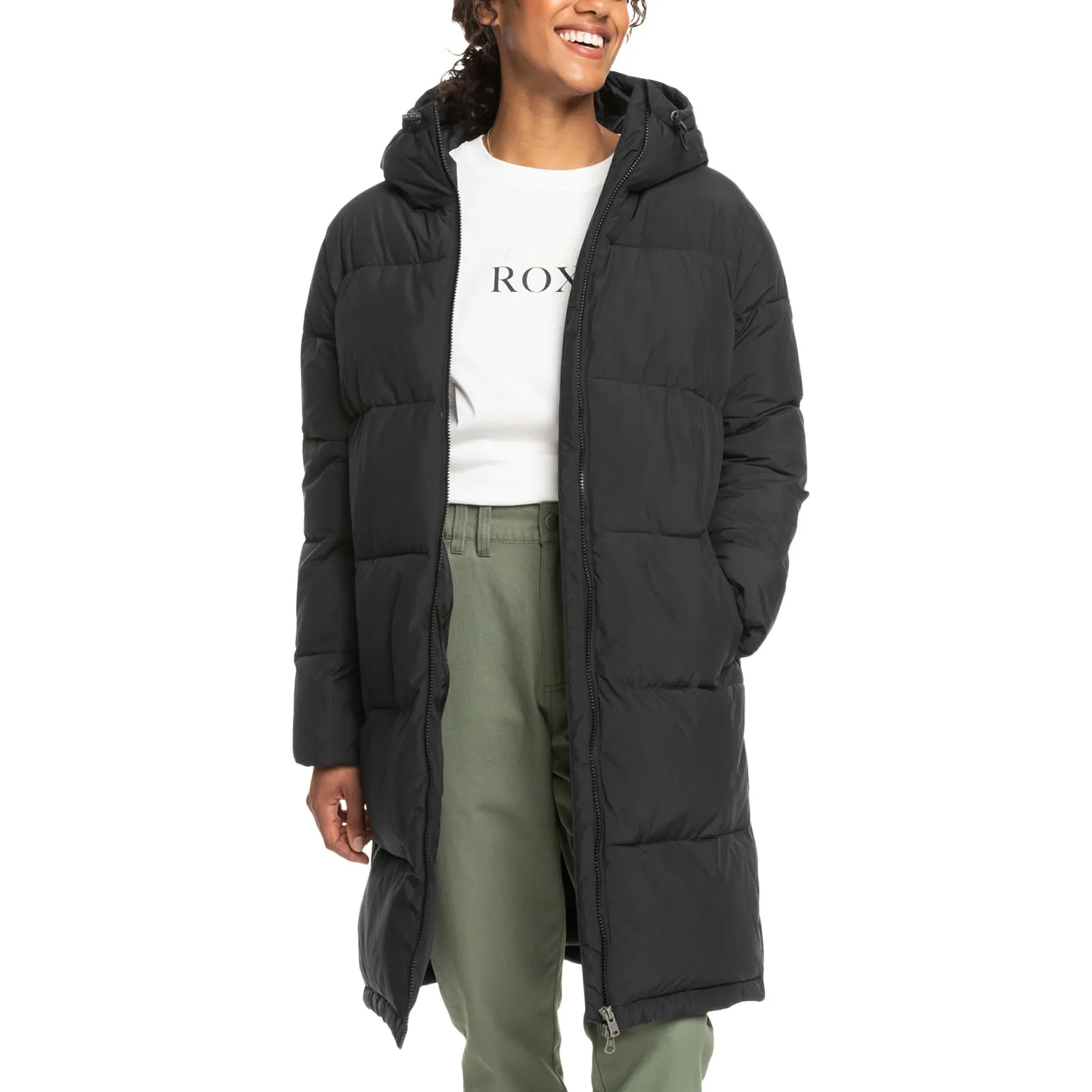 Roxy Womens Test of Time Hooded Long Line Padded Jacket Eco Friendly Dyed Fabric Reinforced Stitching