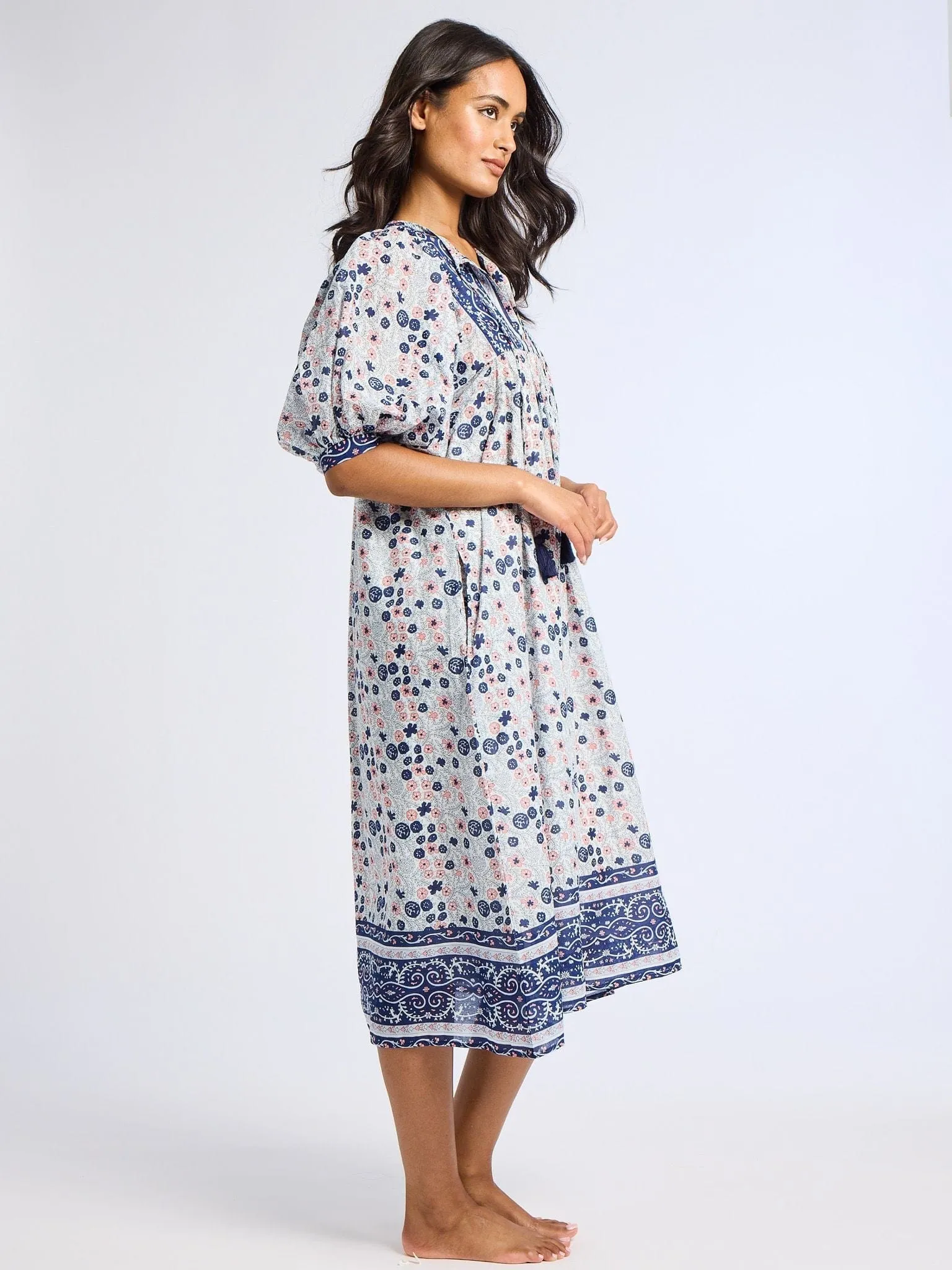 Cocktail-Party Tassel-Detail Saffron Dress in Navy Floral