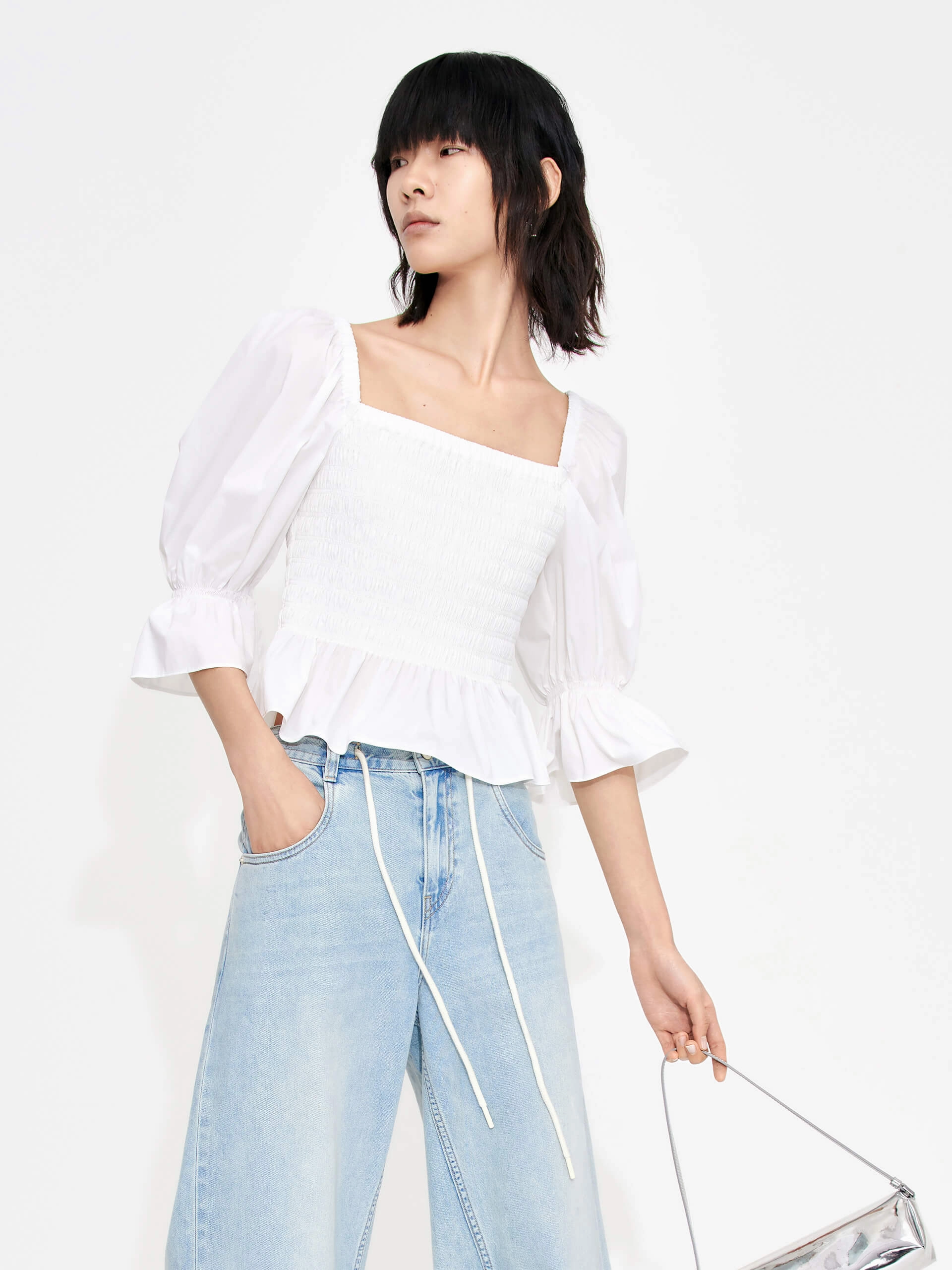 Anti Static Finish Gathered Front Smocked Top