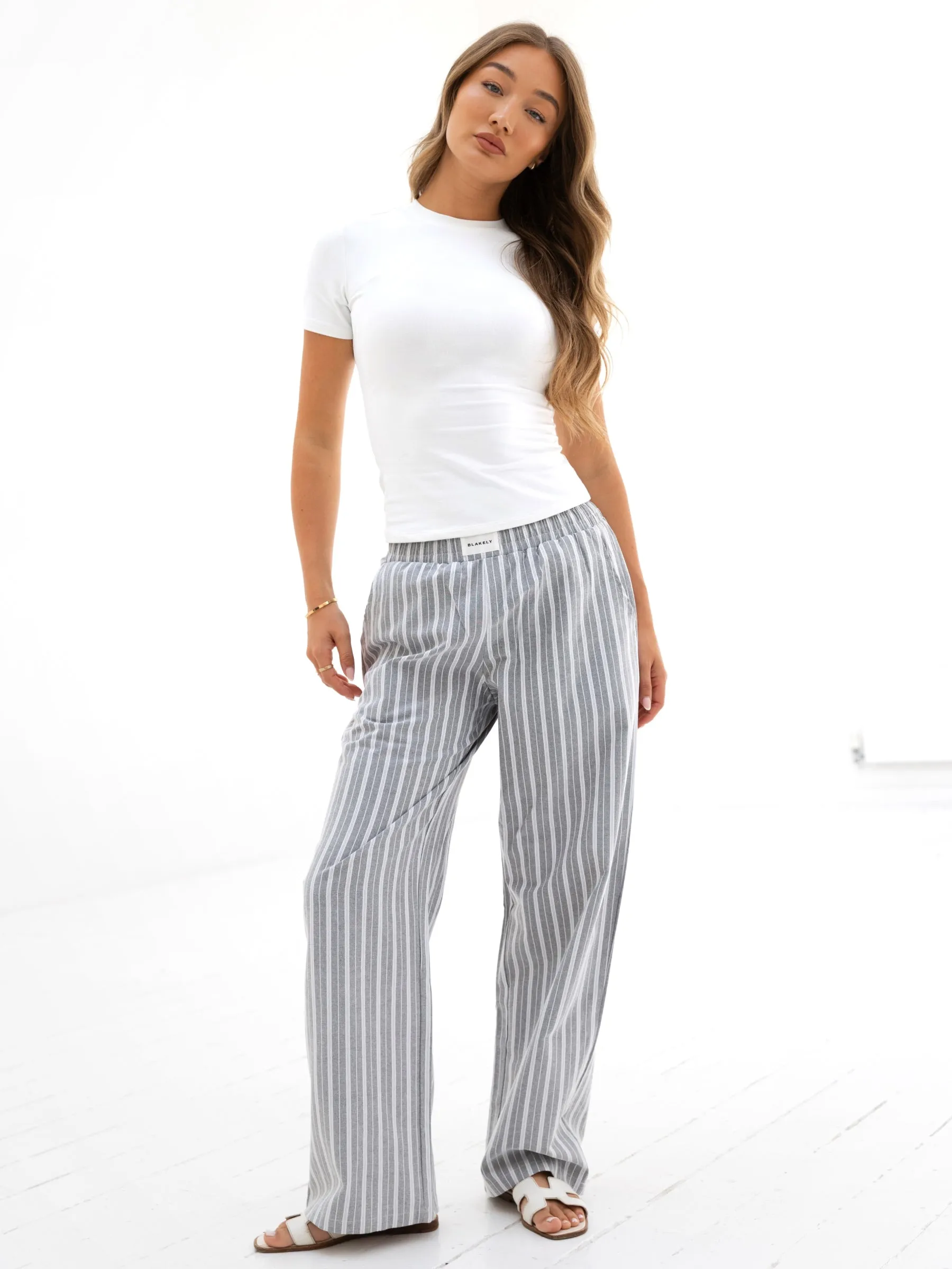 Gym Ready Vibrant Bold Casual Style Elena Stripe Trousers - Grey