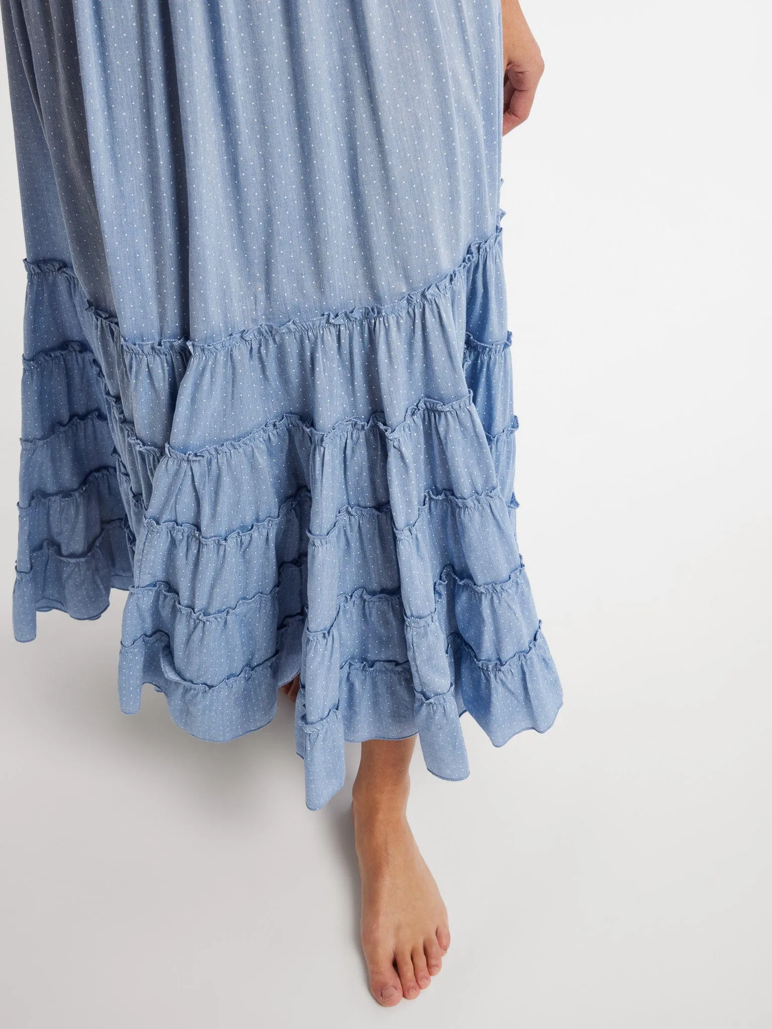 Luxurious Texture Lounge Style Celia Dress in Chambray Polka Dot