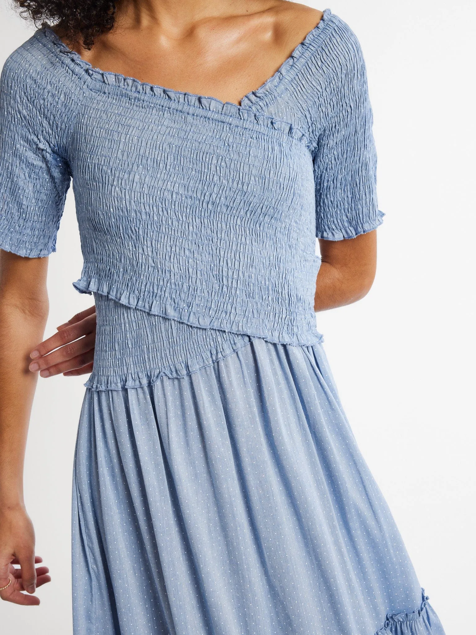 Sheer Light Celia Dress in Chambray Polka Dot