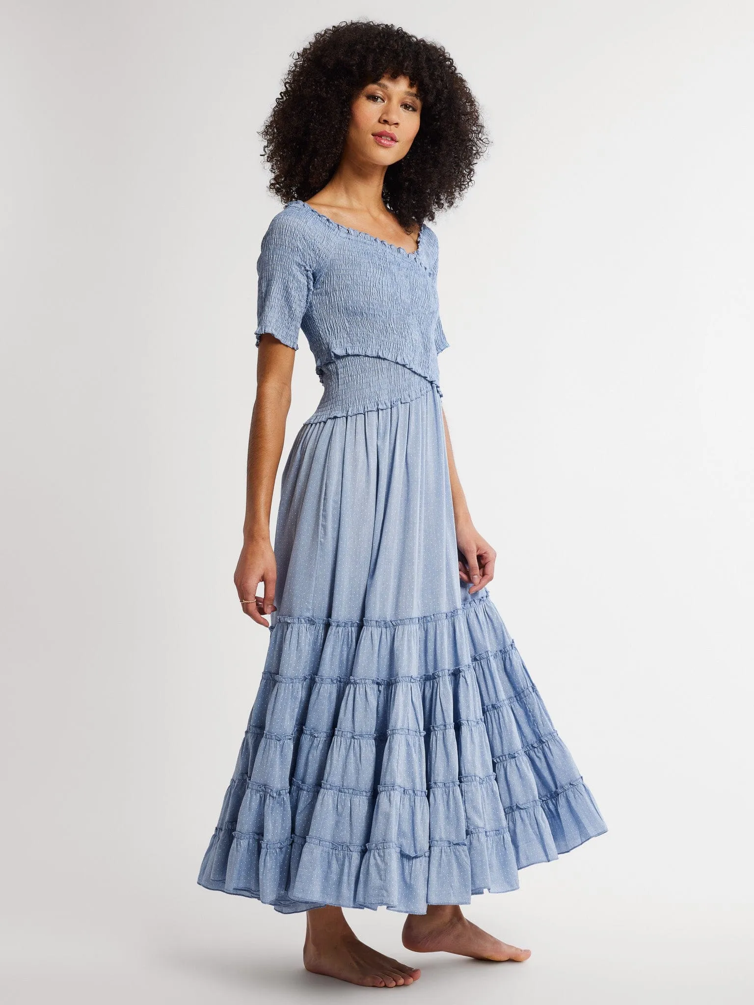 Celia Dress in Chambray Polka Dot Relaxed fit wear Young Edge