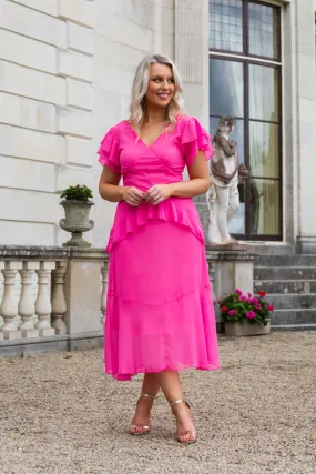 Nellie Pink Ruffle Print Dress Perfect For Work Cozy Mood