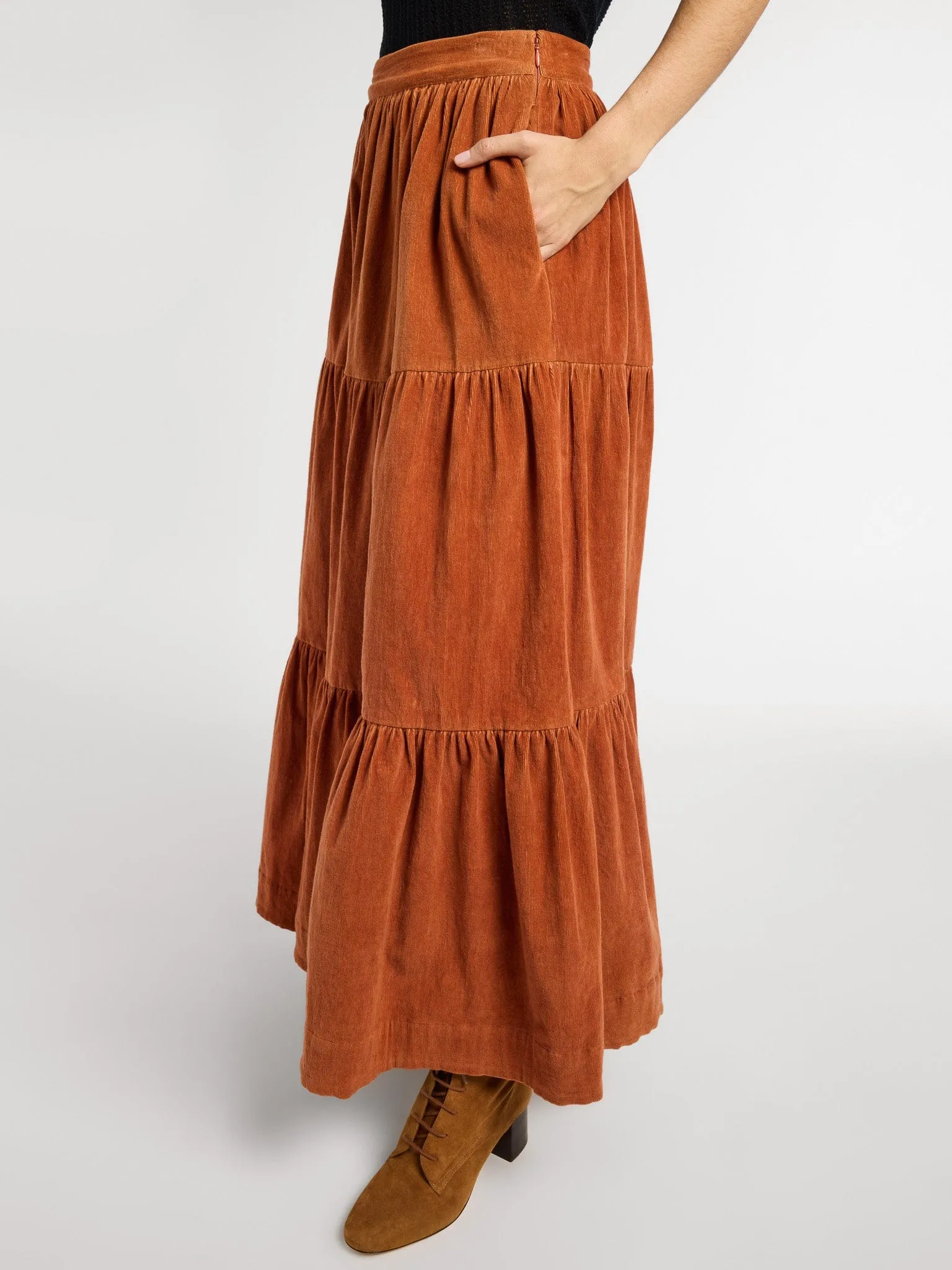 Paola Skirt in Cinnamon Cord Hip Skimming Pocket Design