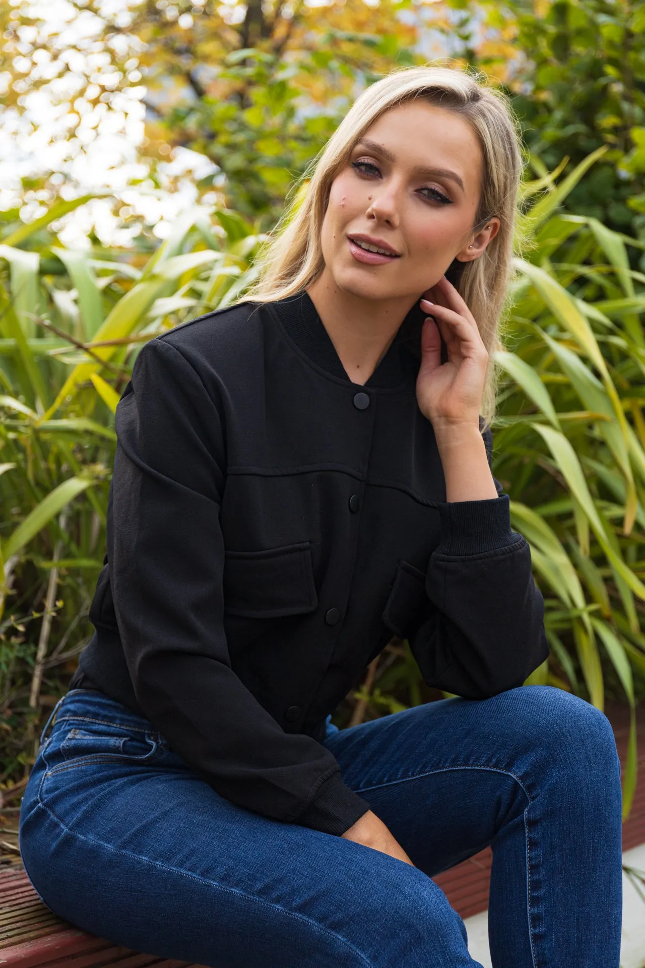 No Smell Sienna Cropped Black Bomber Jacket