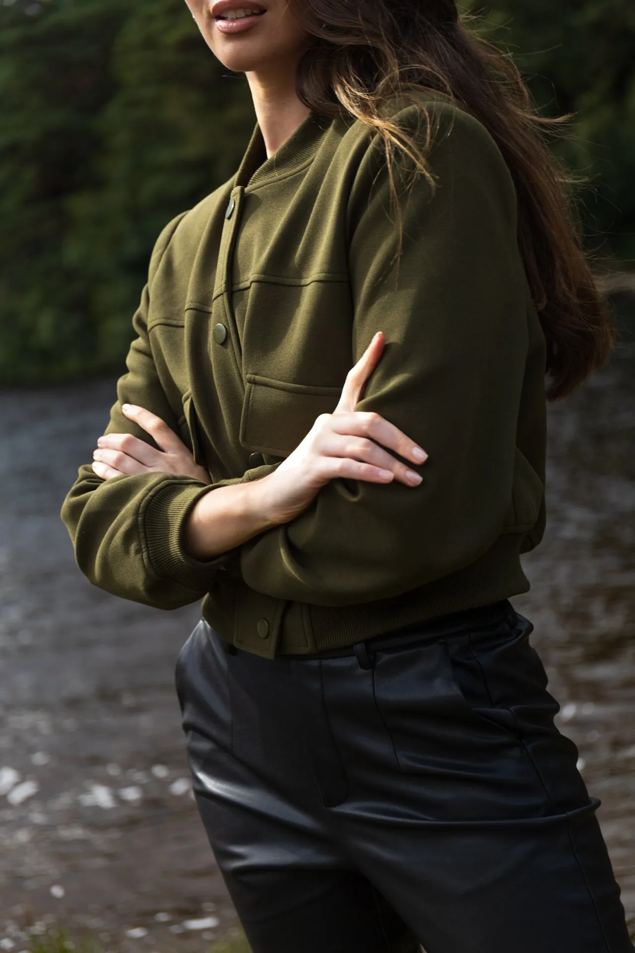 Sienna Cropped Khaki Bomber Jacket Collar Stabilization System