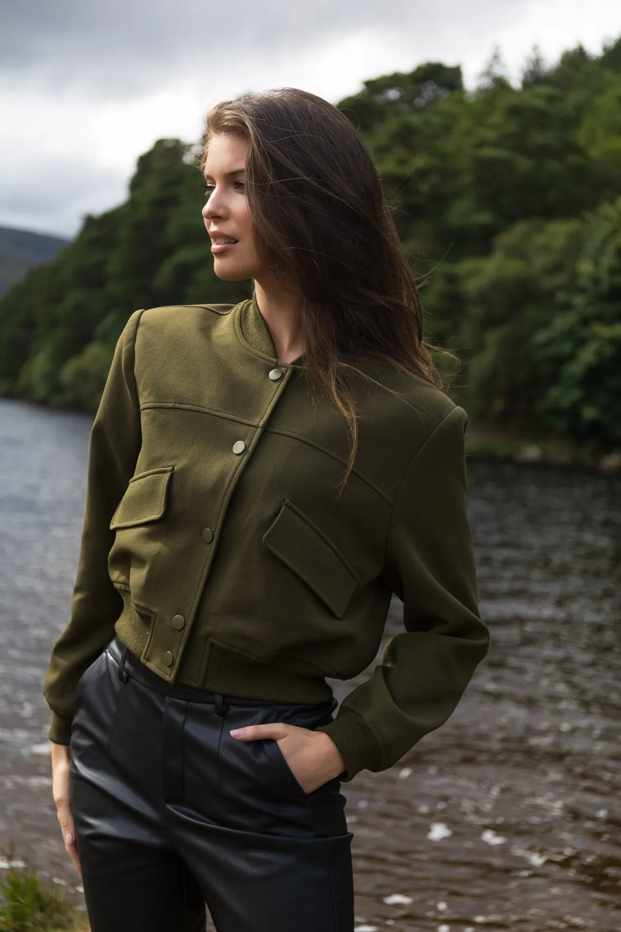 Stretchable Panels Sienna Cropped Khaki Bomber Jacket