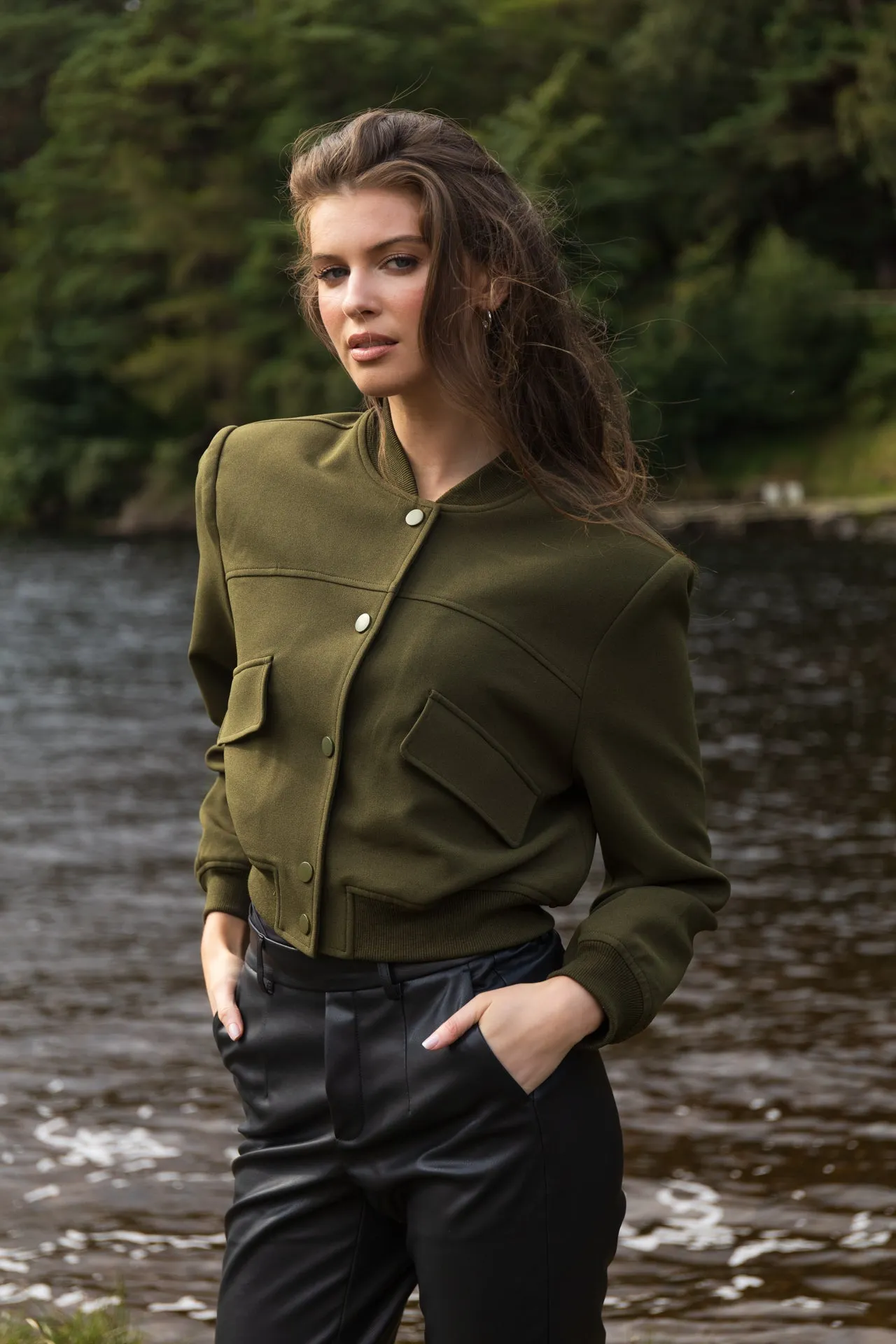 Sienna Cropped Khaki Bomber Jacket Flexible Fit Waist Belt