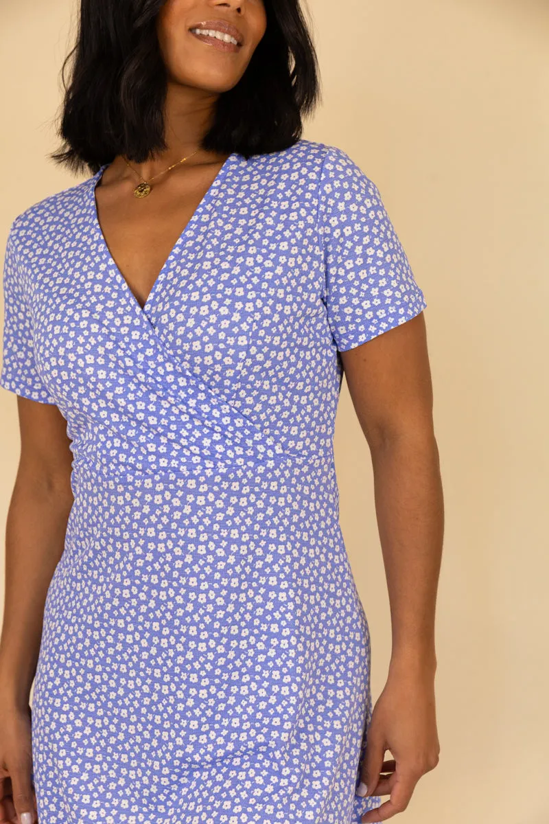 Sienna Floral Short Sleeve Blue Dress Comfort Stretch