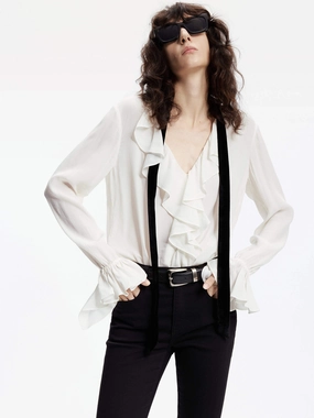 Silk Blend Ruffle Trim Blouse Wicking Performance