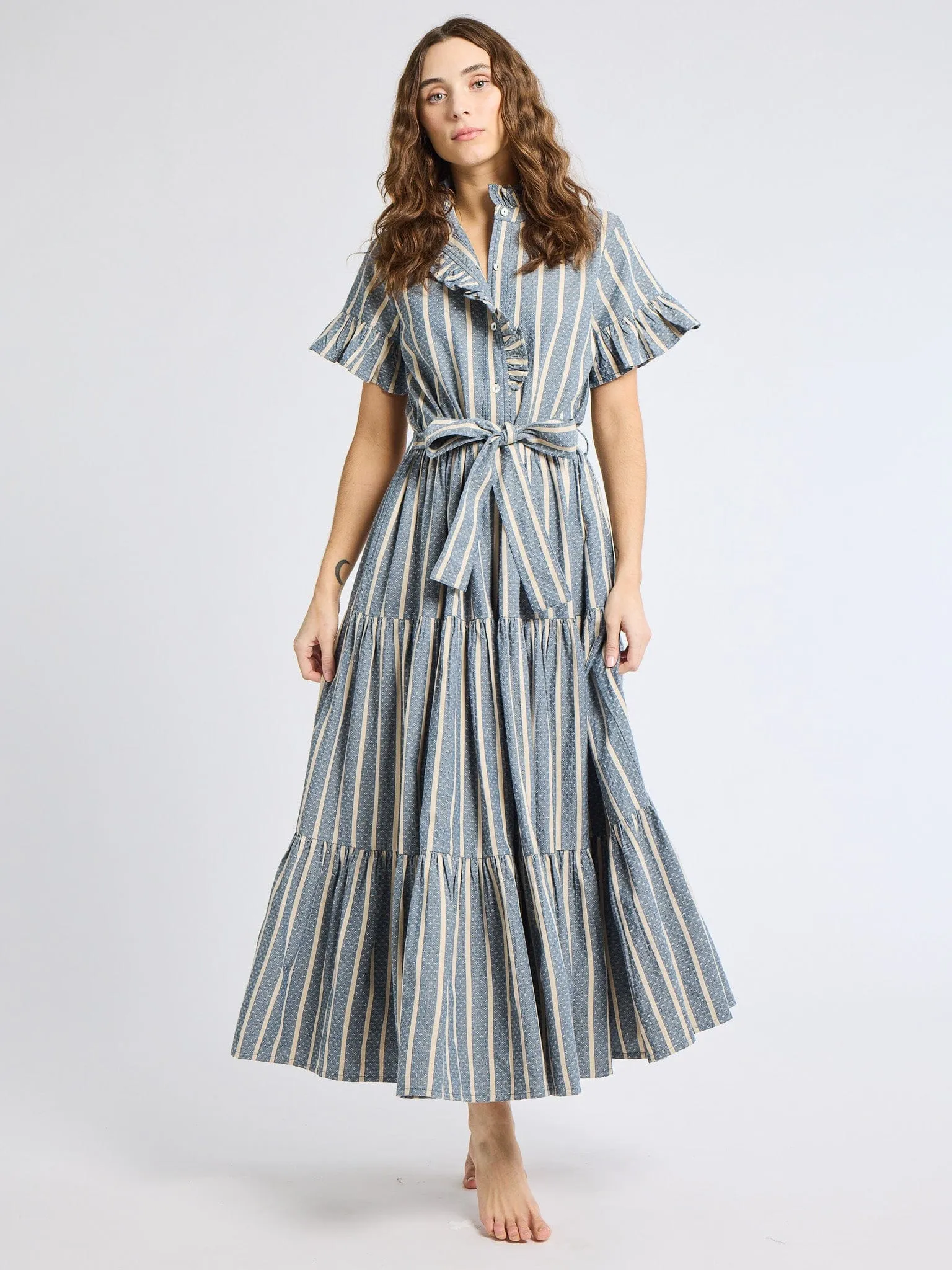 Victoria Dress in Chambray Stripe Halter-Neck Fluid Fabric