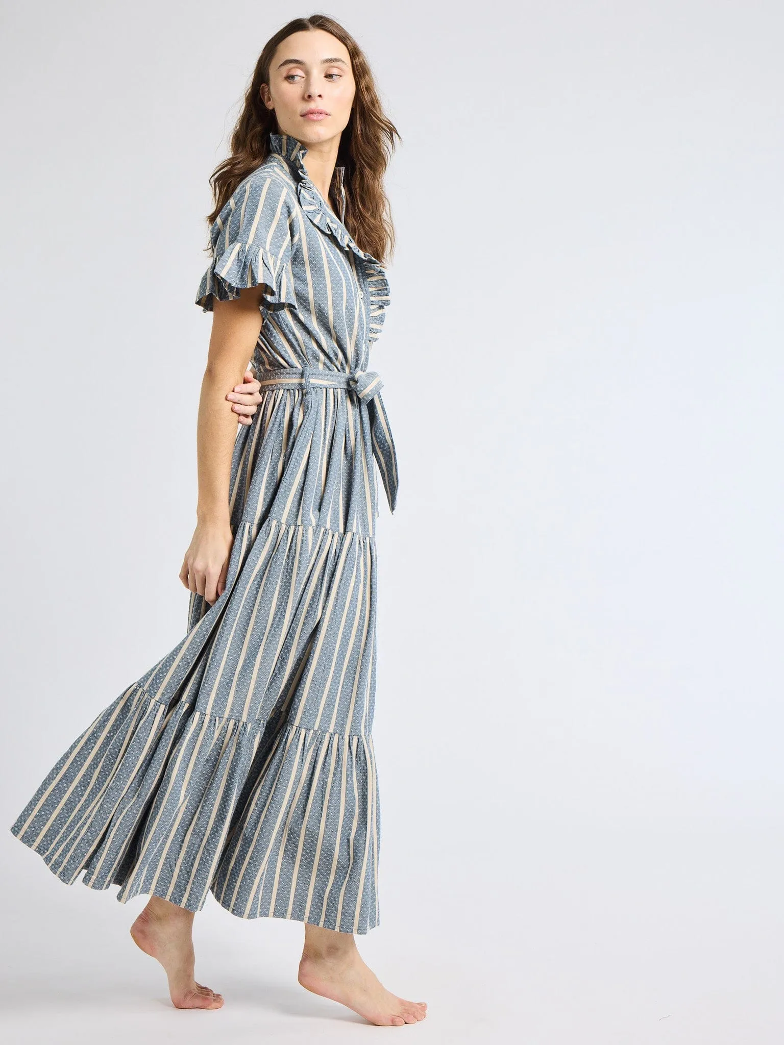 Front Detail Work Look Victoria Dress in Chambray Stripe