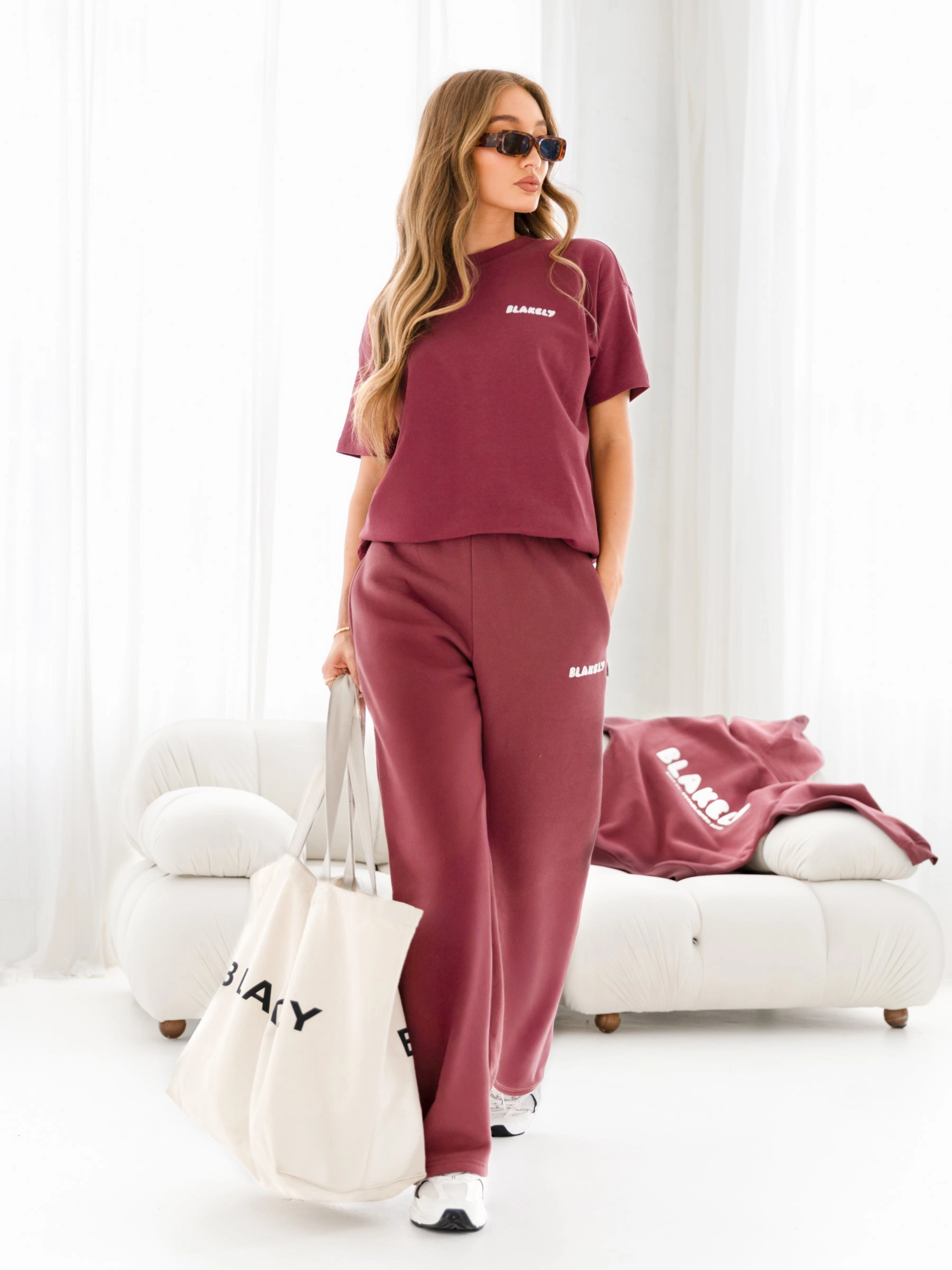 windproof Cloud Print Wide Leg Sweatpants - Dark Pink