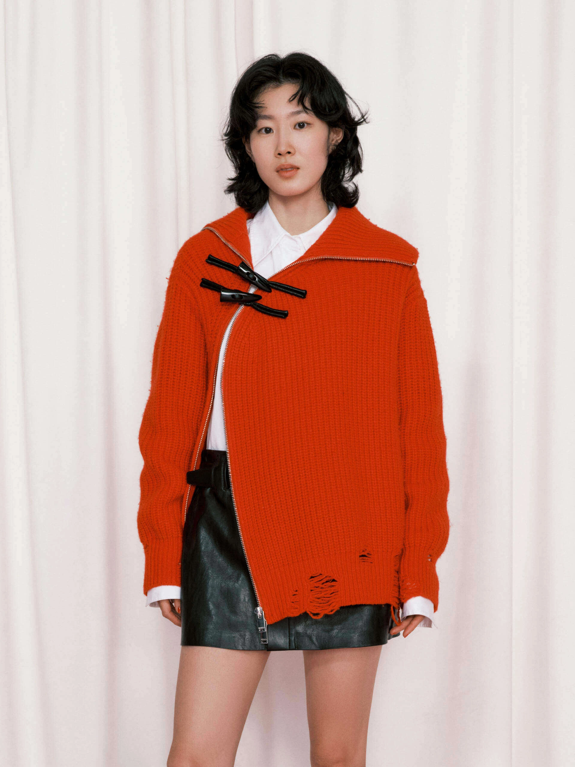 Slanted Placket Distressed Sweater Ultra Fine Yarn