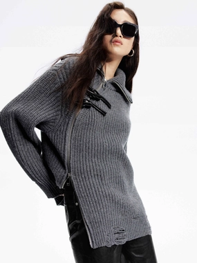 Ultra Fine Yarn Slanted Placket Distressed Sweater