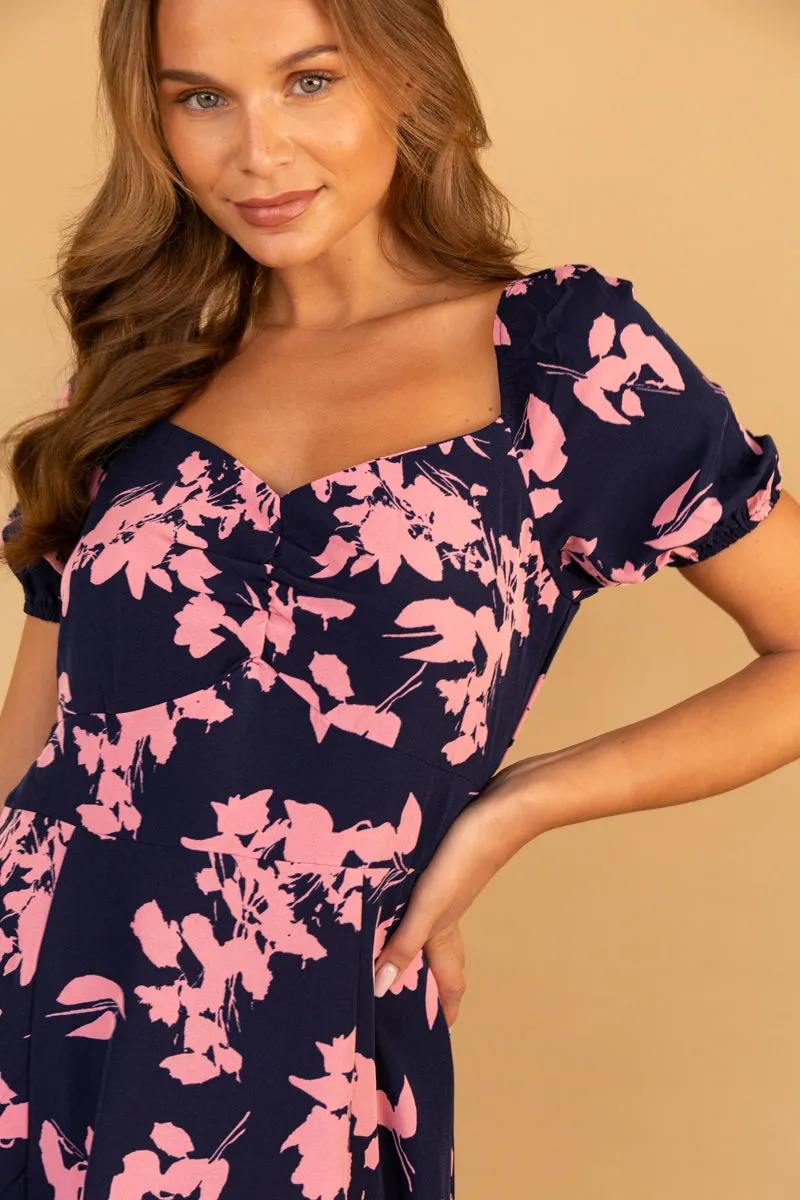 Casual maxi dress High-Neck Taylor Navy & Pink Print Dress