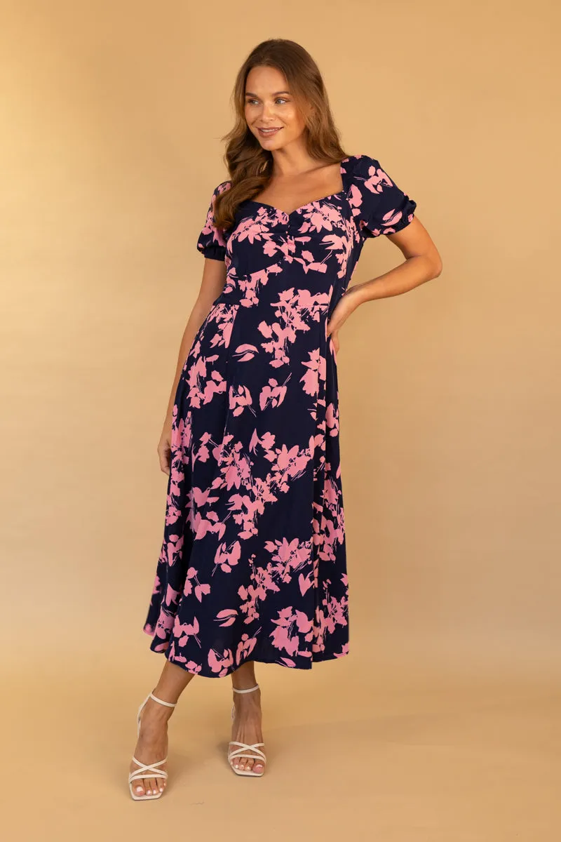 Taylor Navy & Pink Print Dress SoftTouchTexture Breezy Comfort