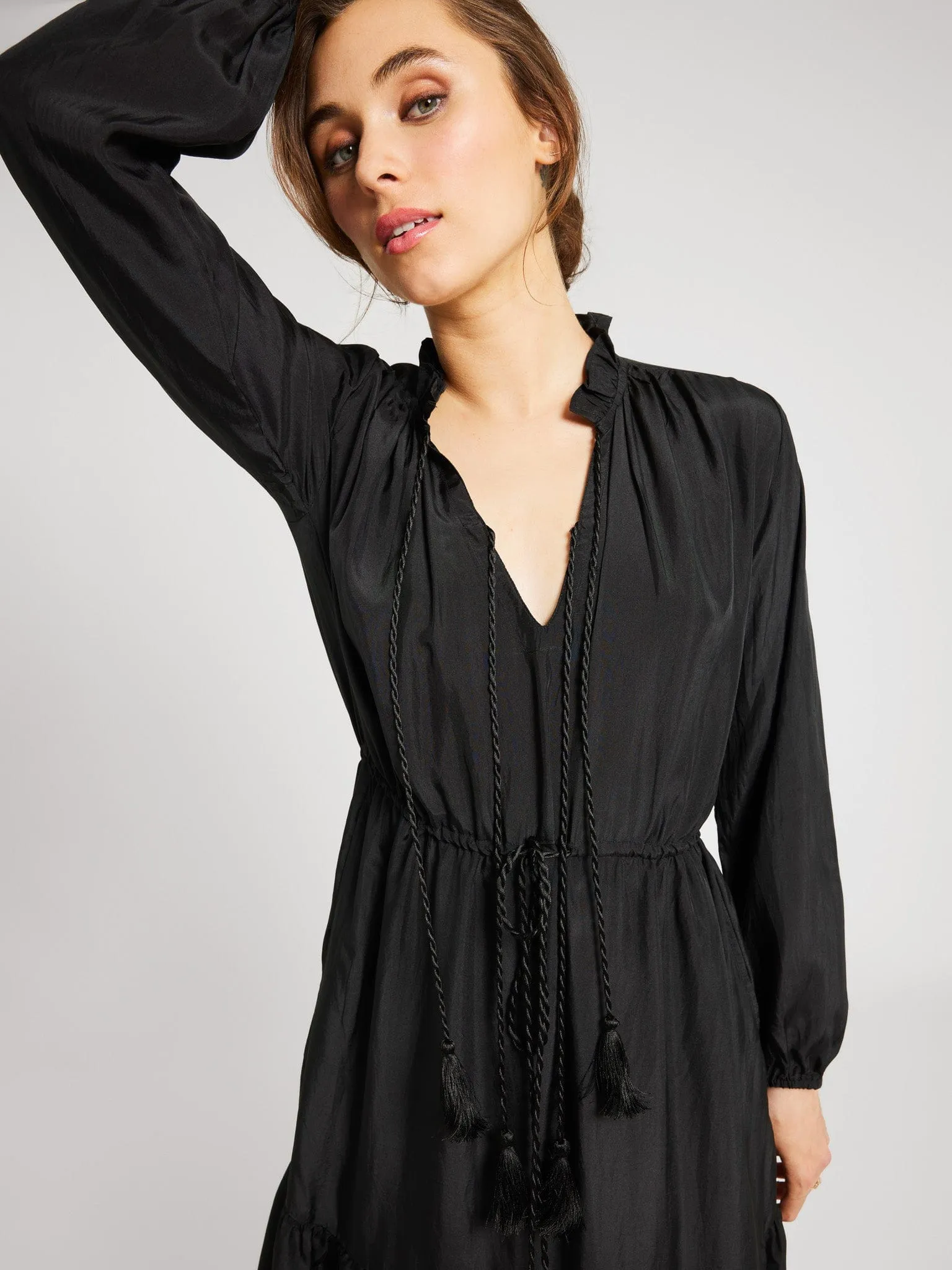 Astrid Dress in Black Silk Crisp Look Calm Texture
