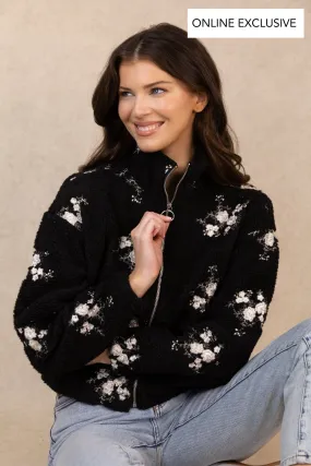 Valentina Black Floral Embroidered Zip Fleece City Walking Style Weekend Ready Look