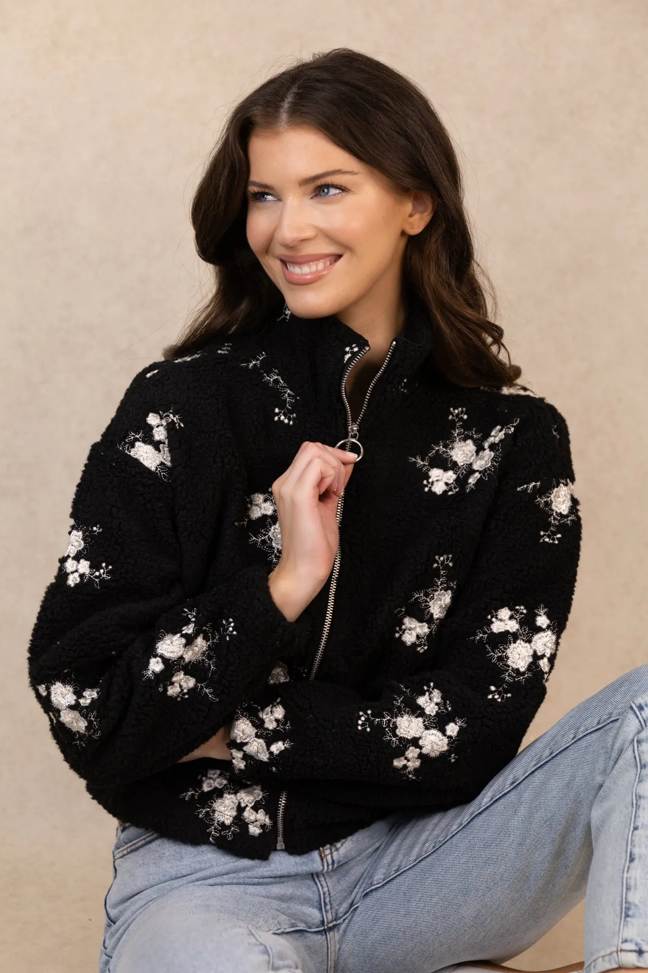 Quick Dry Fabric Technology NonIrritatingLining Valentina Black Floral Embroidered Zip Fleece
