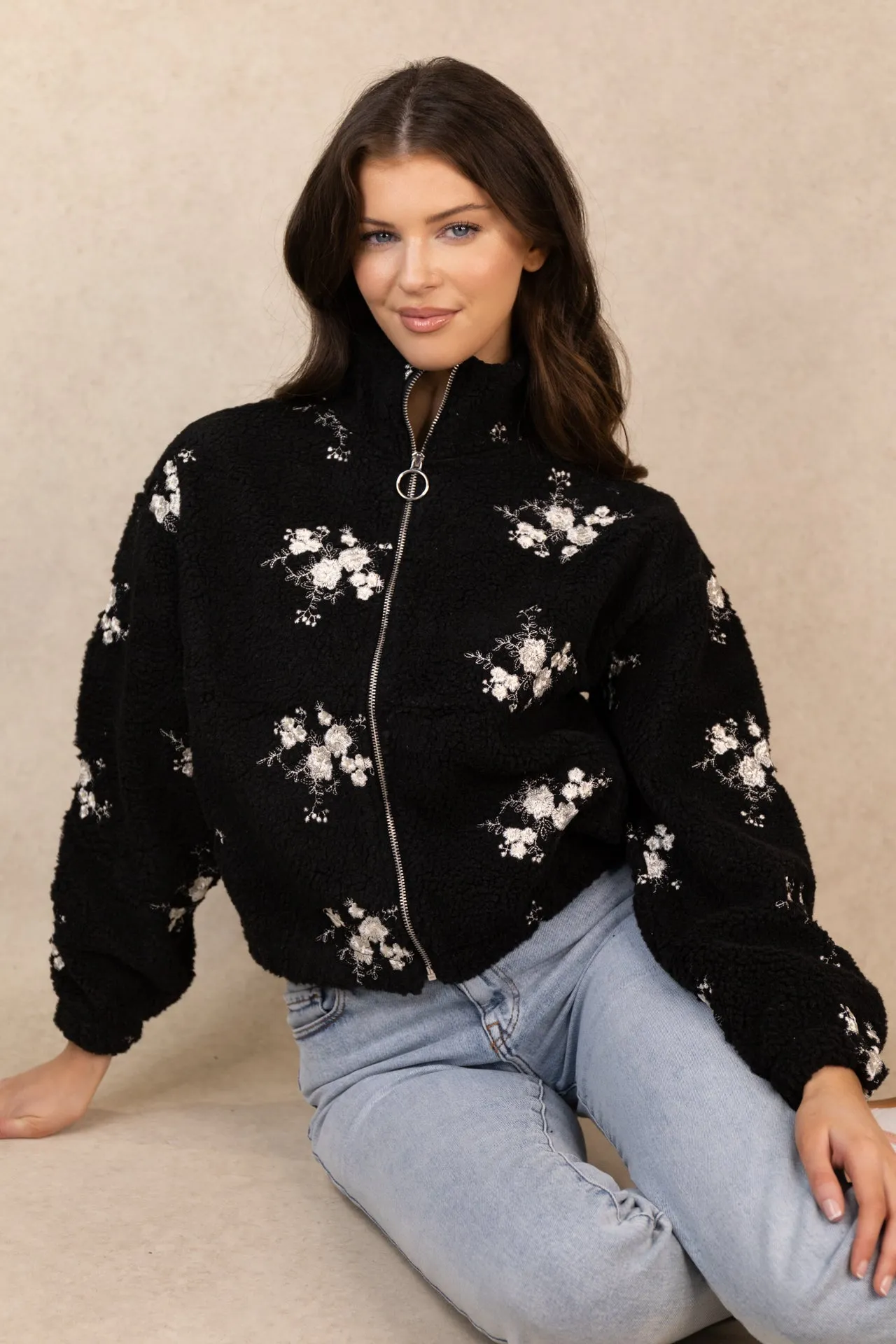 Four Way Stretch Material Collapsible Packable Style Valentina Black Floral Embroidered Zip Fleece