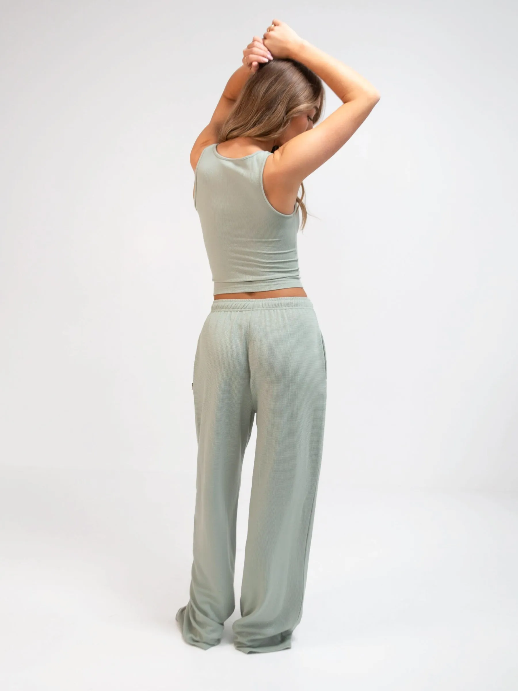 Soft Waffle Trousers - Sage Green Clean Detail