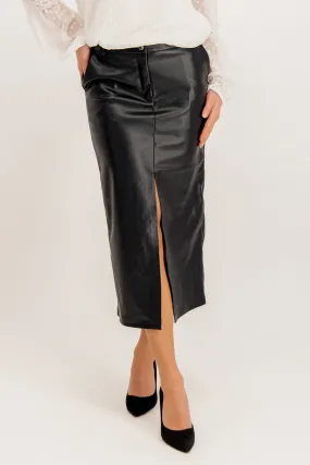 Dance Practice Heidi Black Faux Leather Slit Midi Skirt