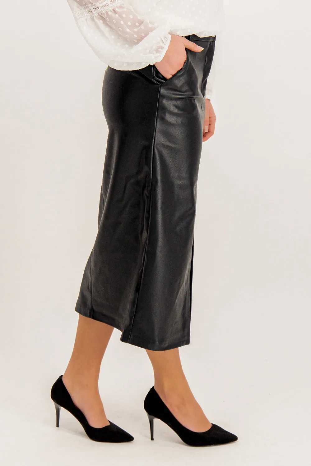 Heidi Black Faux Leather Slit Midi Skirt hypoallergenic material