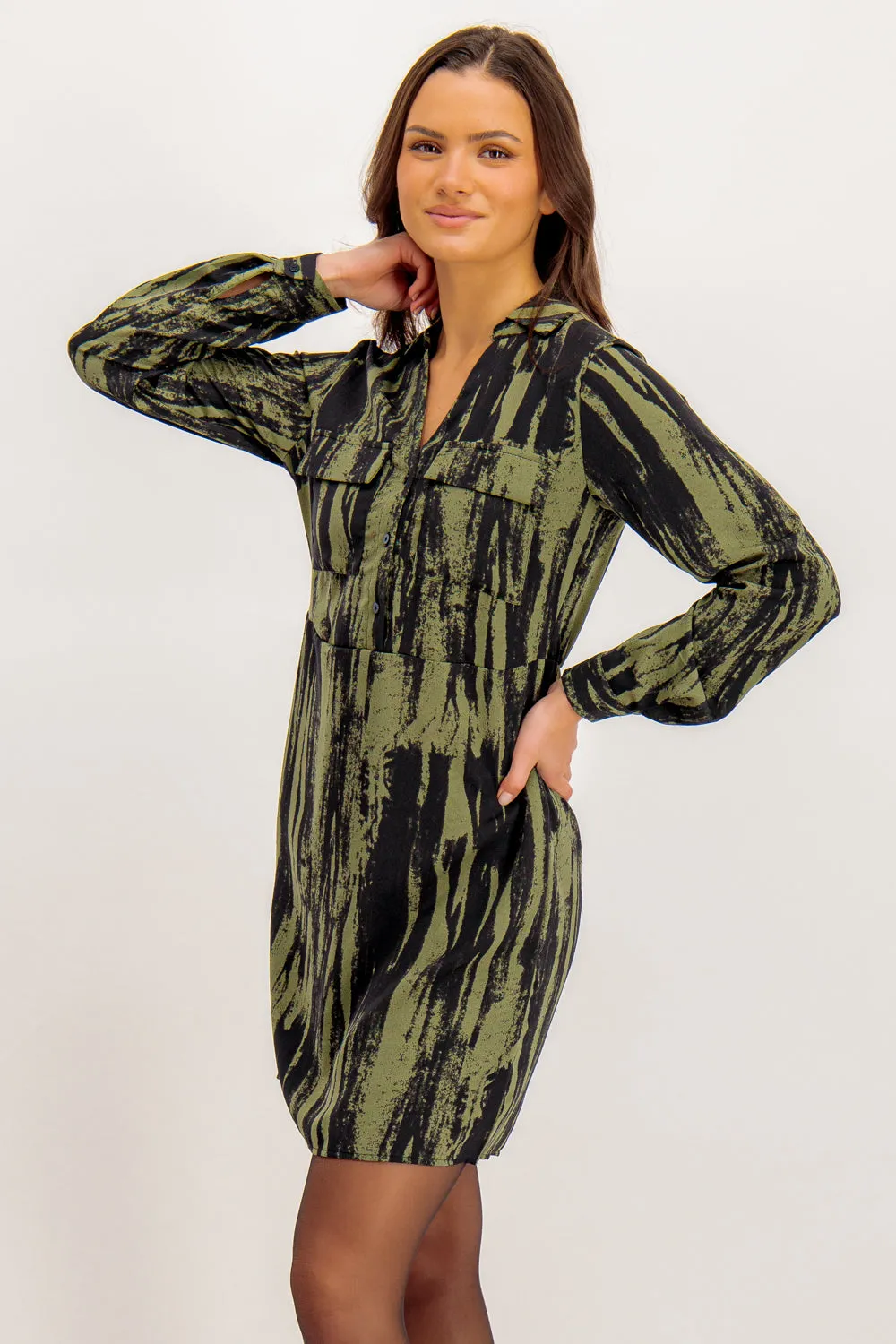 Dalina Green & Black Print Shirt Dress Festival-Ready