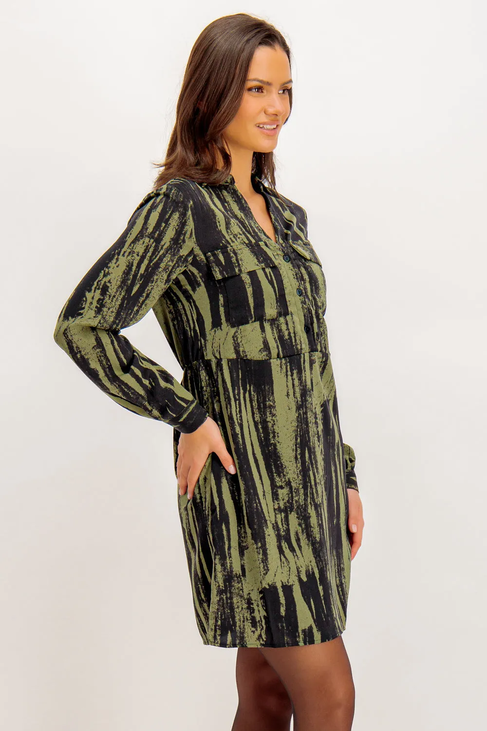 Dalina Green & Black Print Shirt Dress Free Step Chill Base