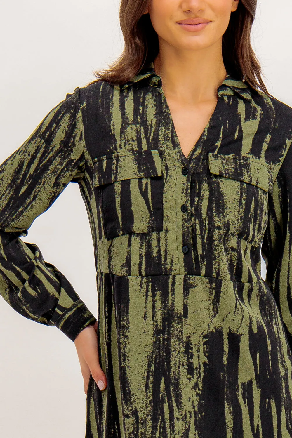 Dalina Green & Black Print Shirt Dress Understated Elegance