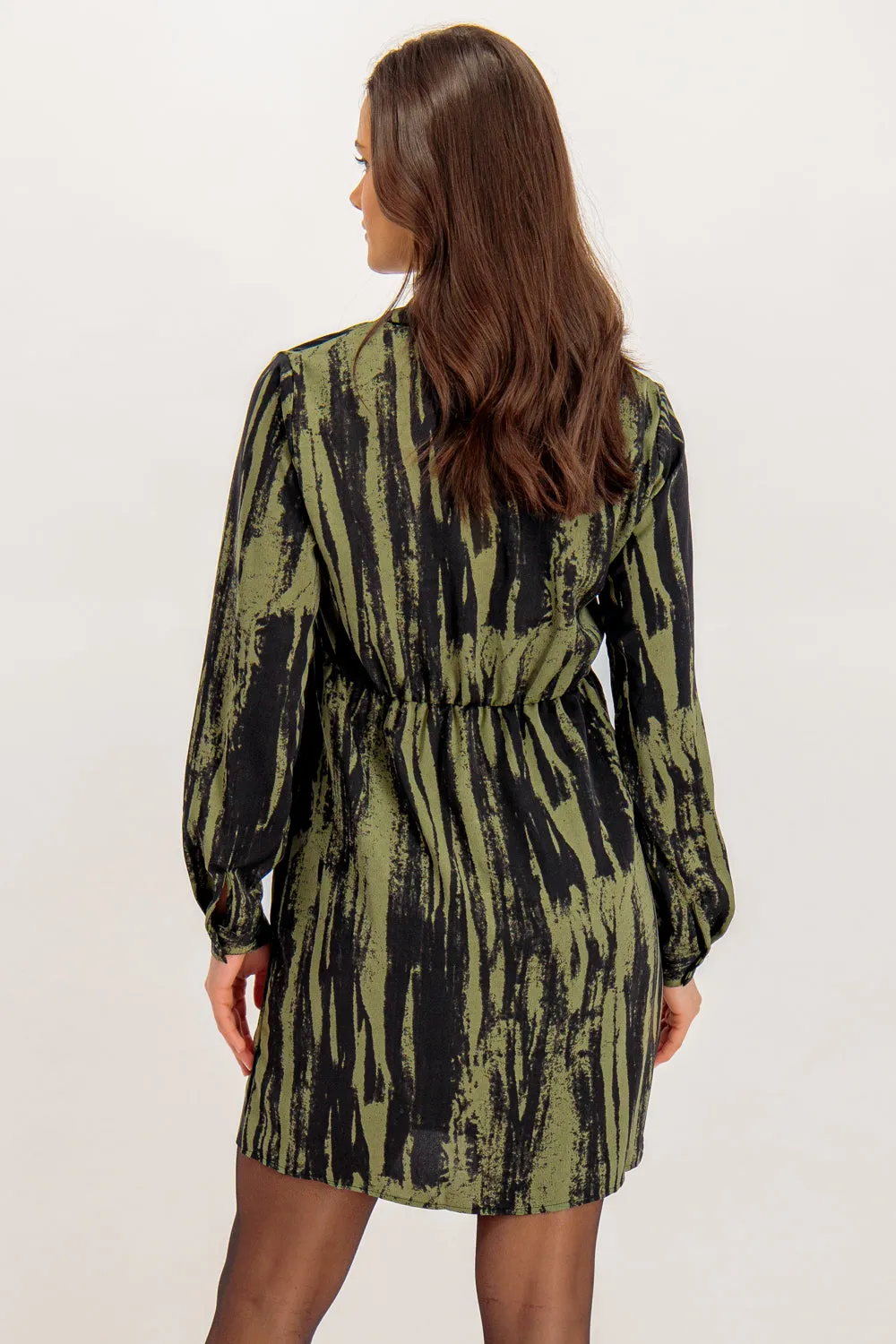 effortless grace Light Sheen Dalina Green & Black Print Shirt Dress