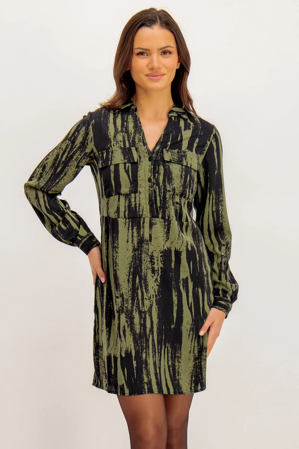 Easy Layers Dalina Green & Black Print Shirt Dress