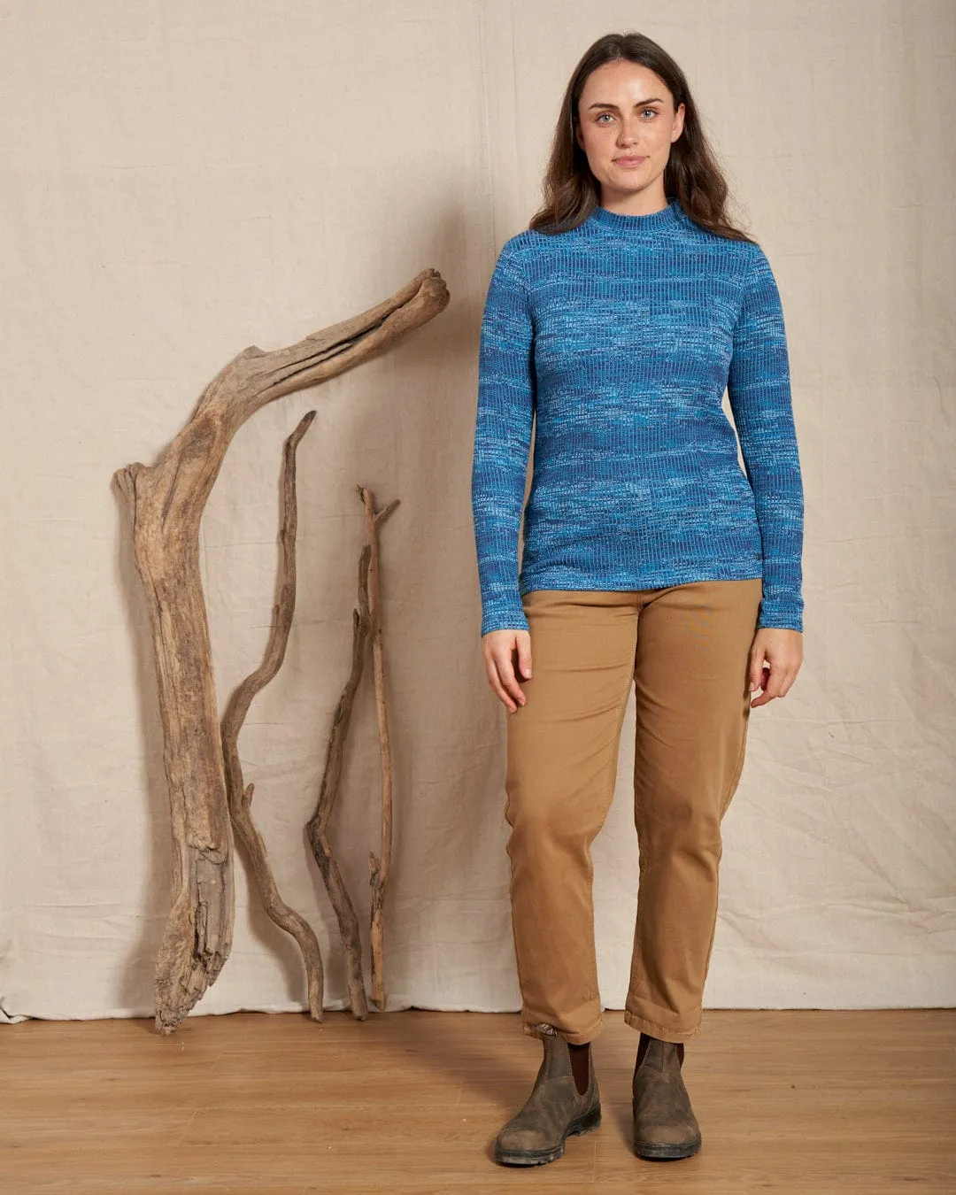 Classic Cut contrast Space Dye Brooklyn - Womens Funnel Neck Top - Blue