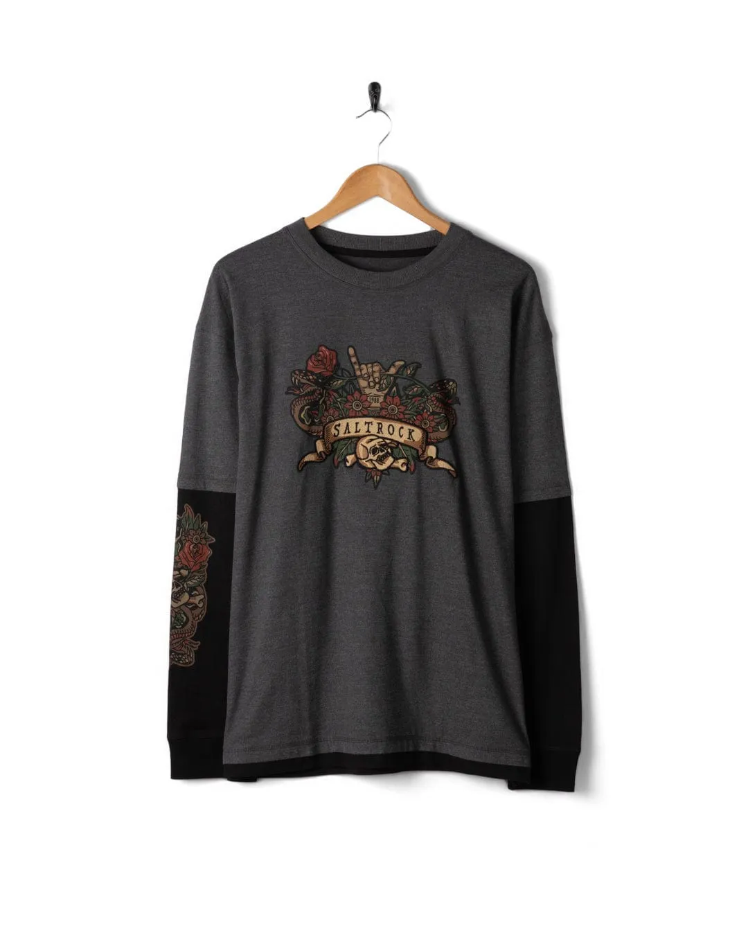 Performance Comfort Simple and Comfortable Shaka Tattoo - Mens Oversized Long Sleeve T-Shirt - Dark Grey