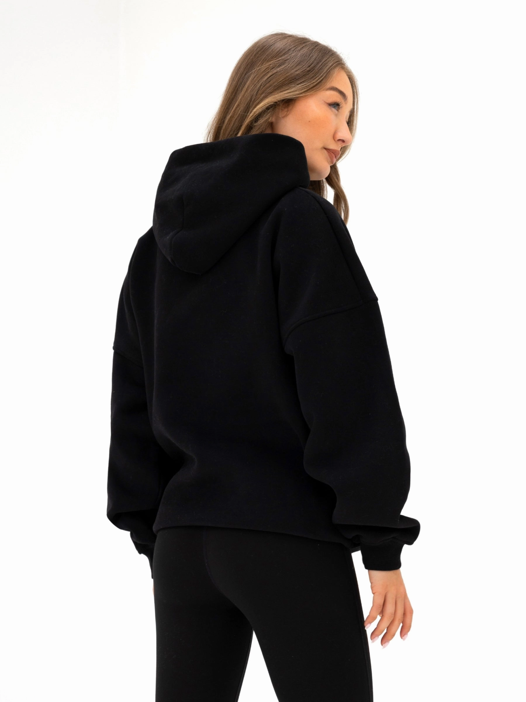 Flexible Comfort High Collar Coverage Studio Oversized Hoodie - Tonal Black