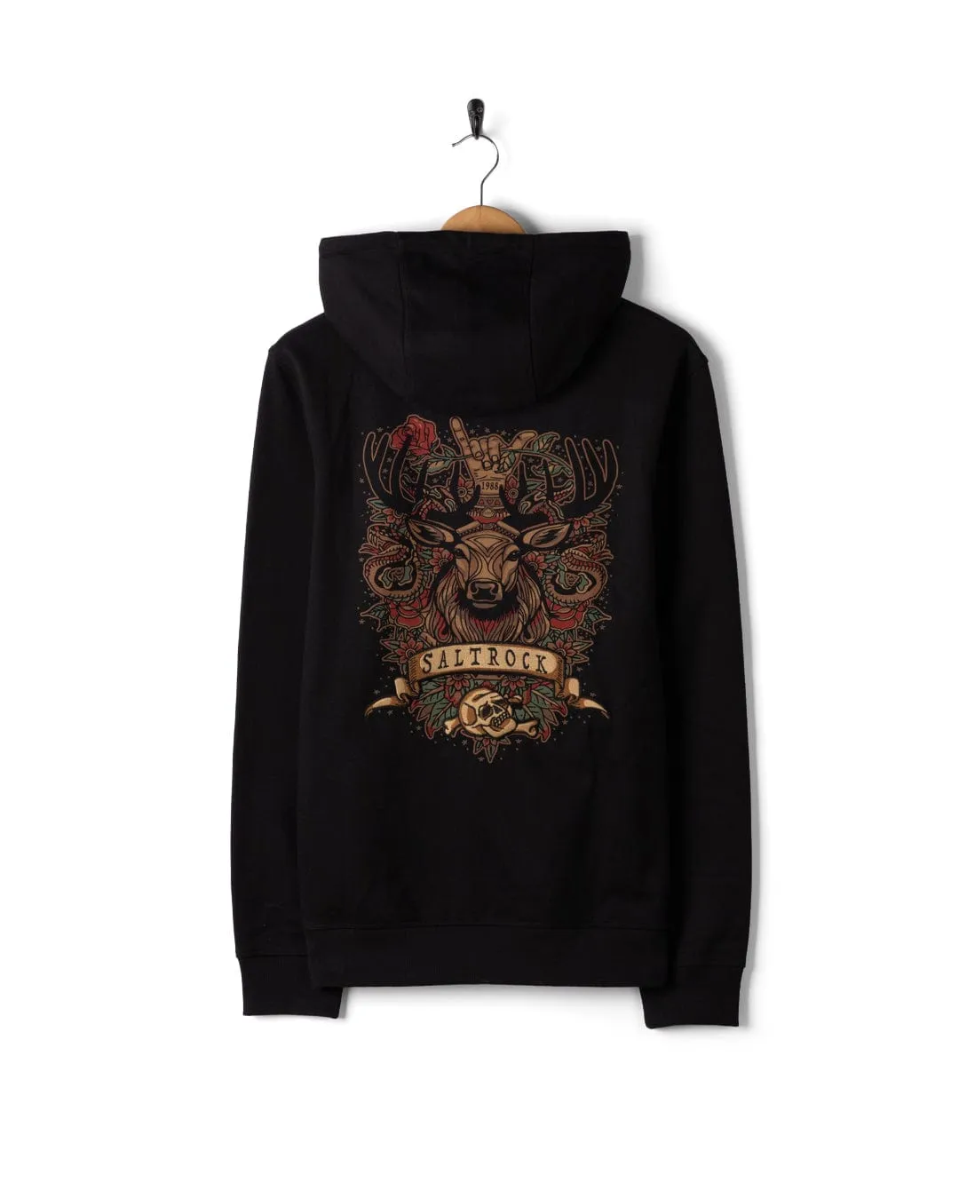 Warm Hug Stag Tattoo - Mens Zip Hood - Black