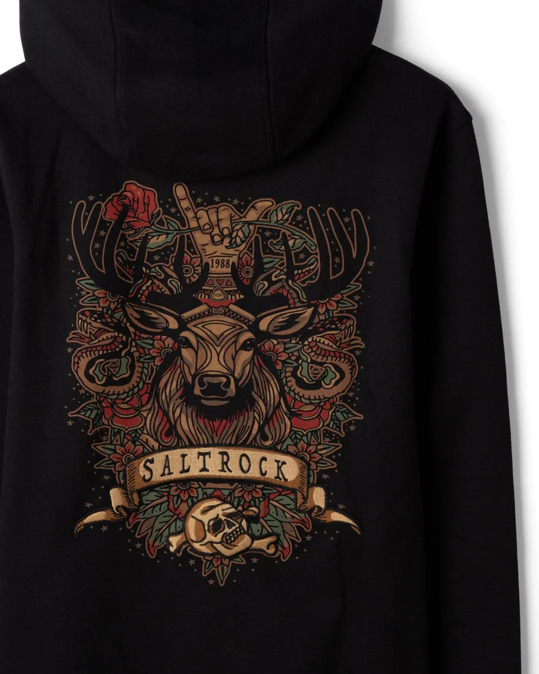 Stag Tattoo - Mens Zip Hood - Black Cozy Essential