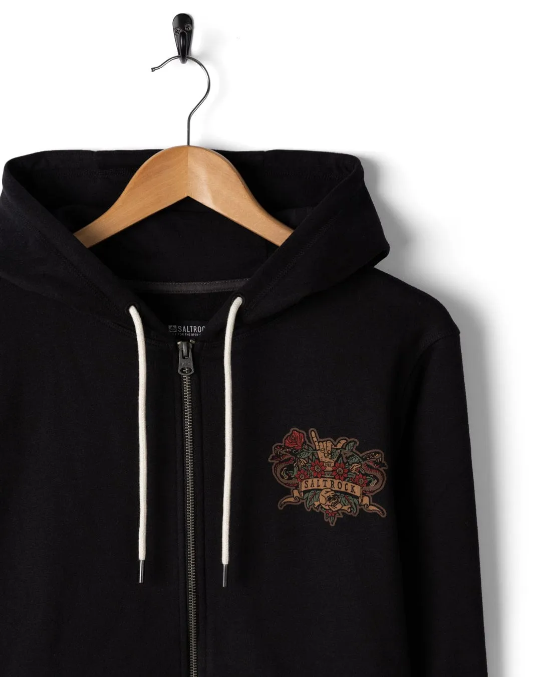 Plush Interior Breathable Fit Design Stag Tattoo - Mens Zip Hood - Black