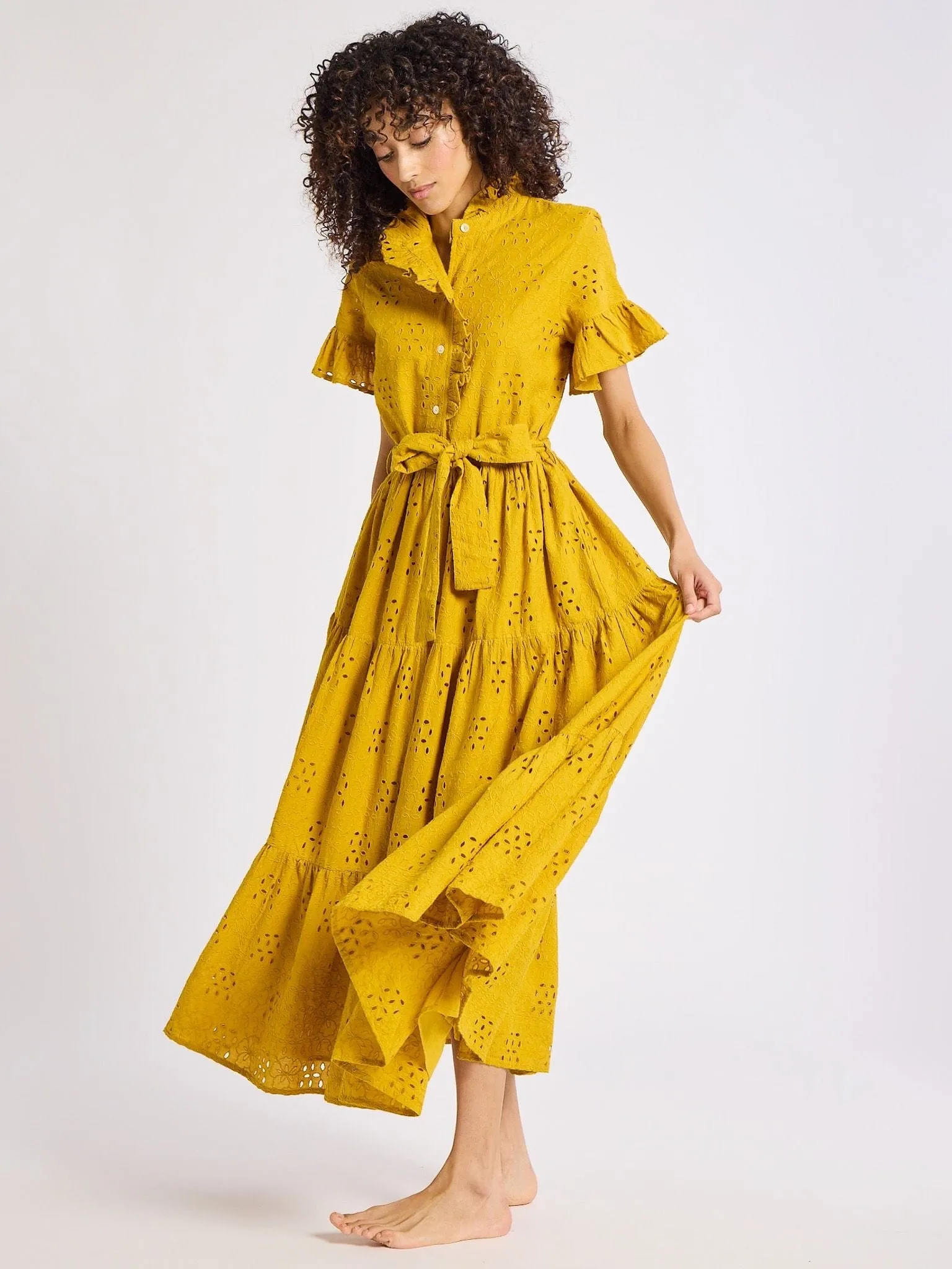 Victoria Dress in Marigold Eyelet Modest Look Layerable Piece