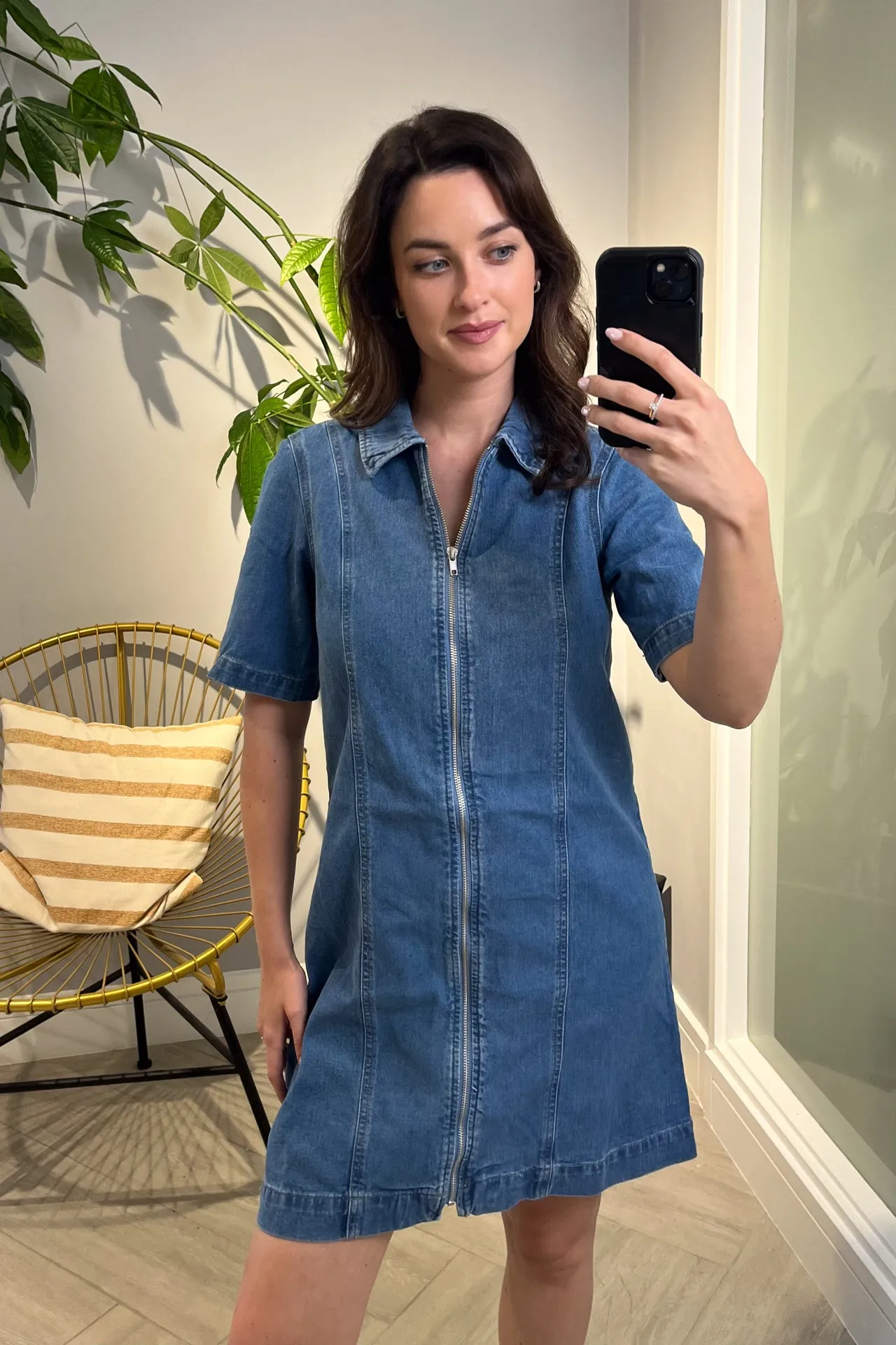 Rose Medium Blue Denim Short Sleeve Dress High Neck