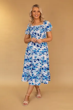 Clean Lines Missy Blue Floral Ruched Midi Dress