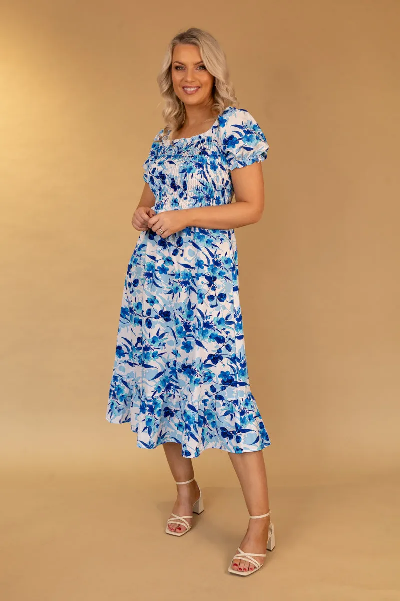 Missy Blue Floral Ruched Midi Dress Modest Cut