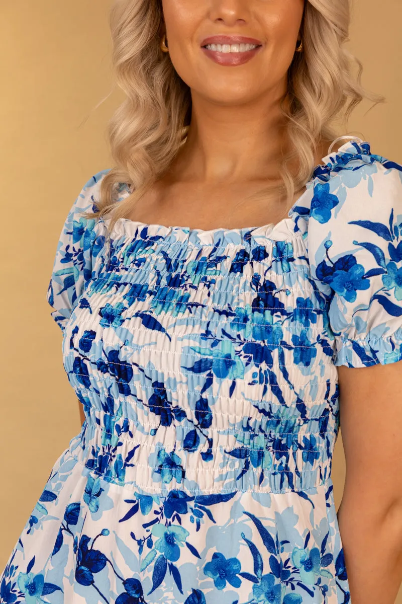Missy Blue Floral Ruched Midi Dress Simplistic Mood